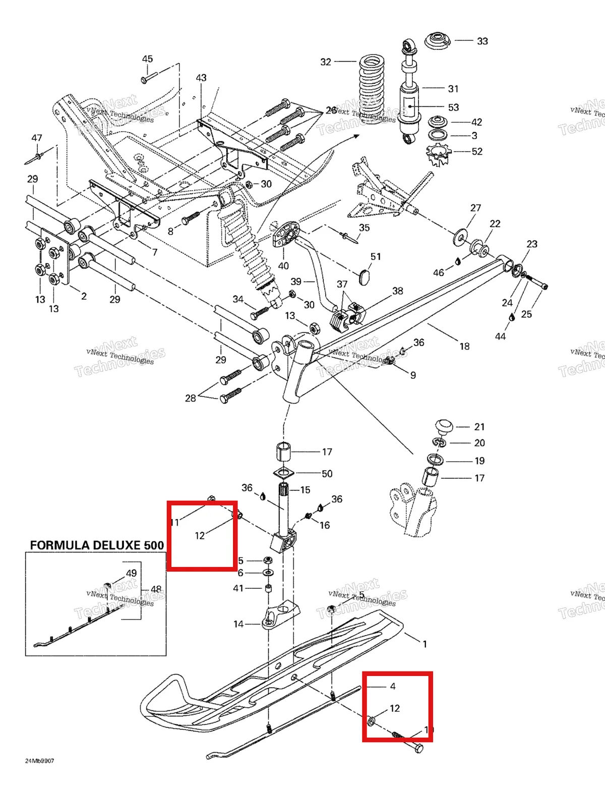 Деталь 414530600 (Подушка) на схеме узла 1999 Ski-Doo Formula Deluxe 380/500 Front Suspension And Ski