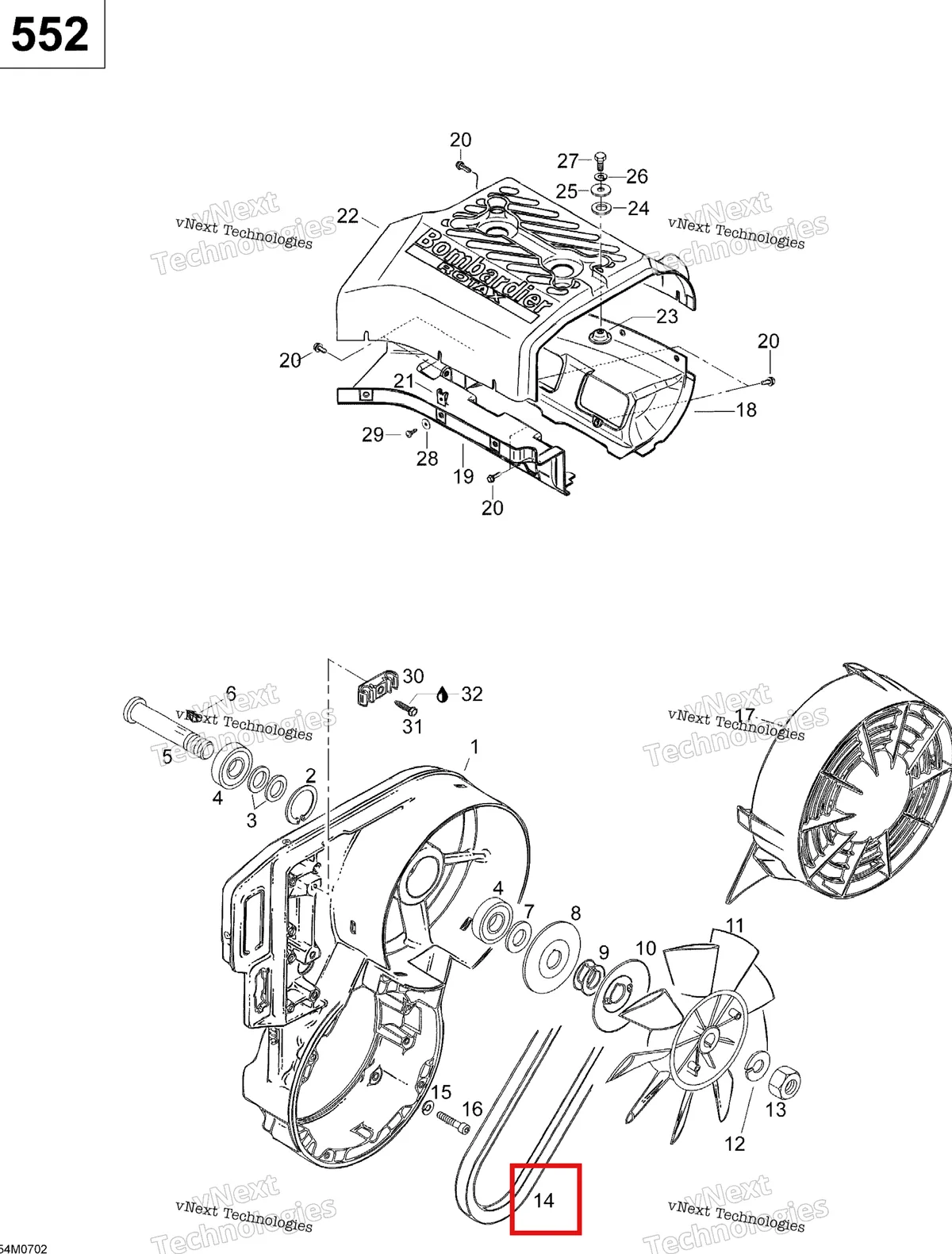 Деталь 414630800 (Ремень вариатора) на схеме узла 2007 Ski-Doo Skandic SWT 550F Fan 552
