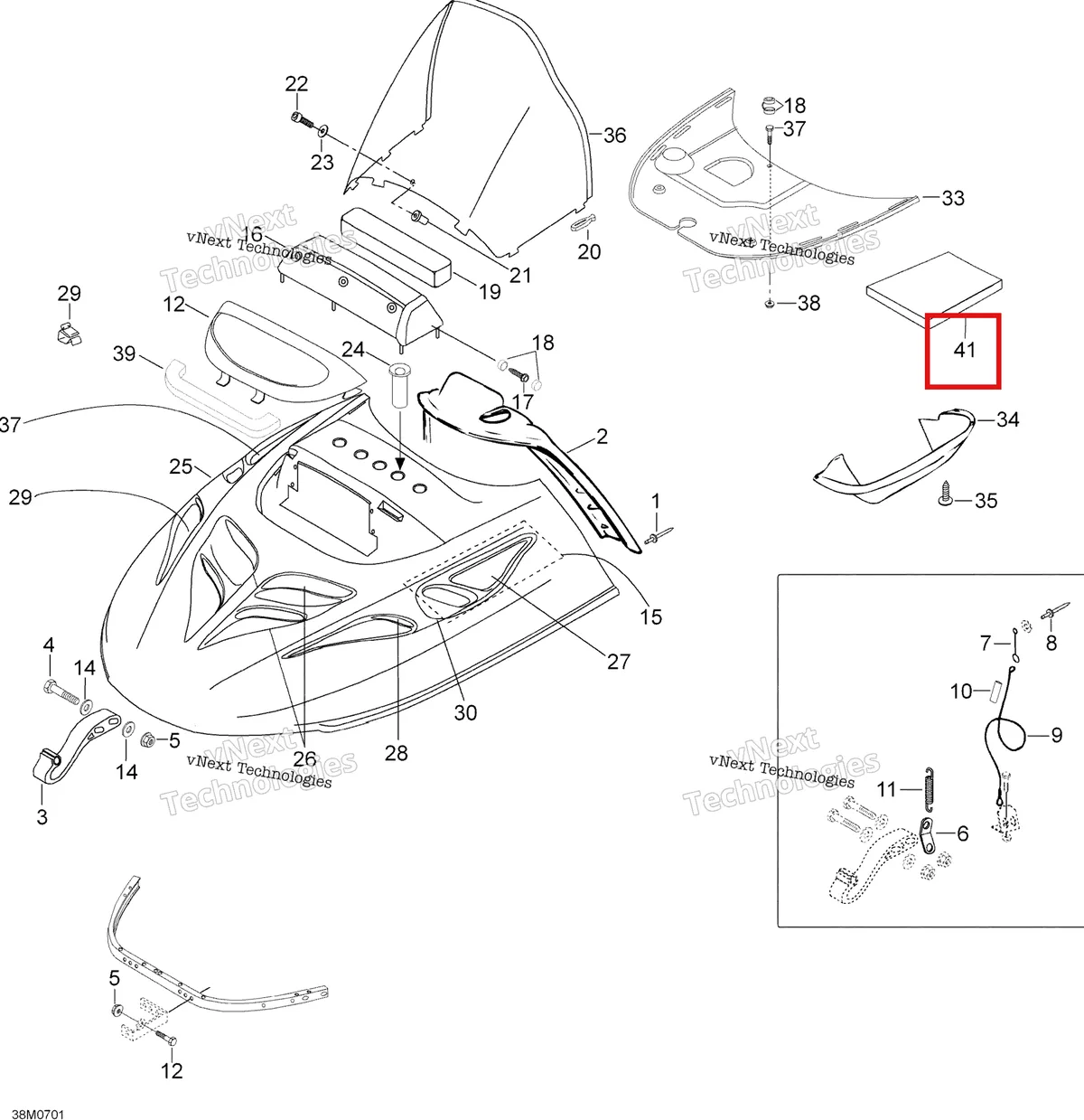 Деталь 414631900 (Деталь Screw M5 X 16) на схеме узла 2007 Ski-Doo Skandic SUV 550F Hood 550F Suv