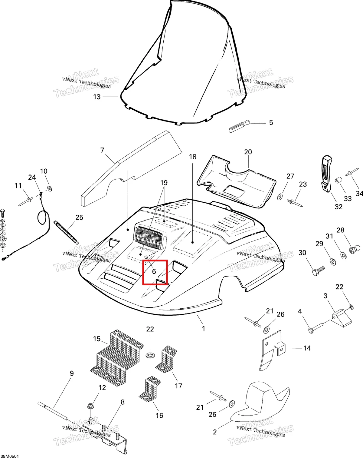 Деталь 414768500 на схеме узла 2005 Ski-Doo Tundra R Hood