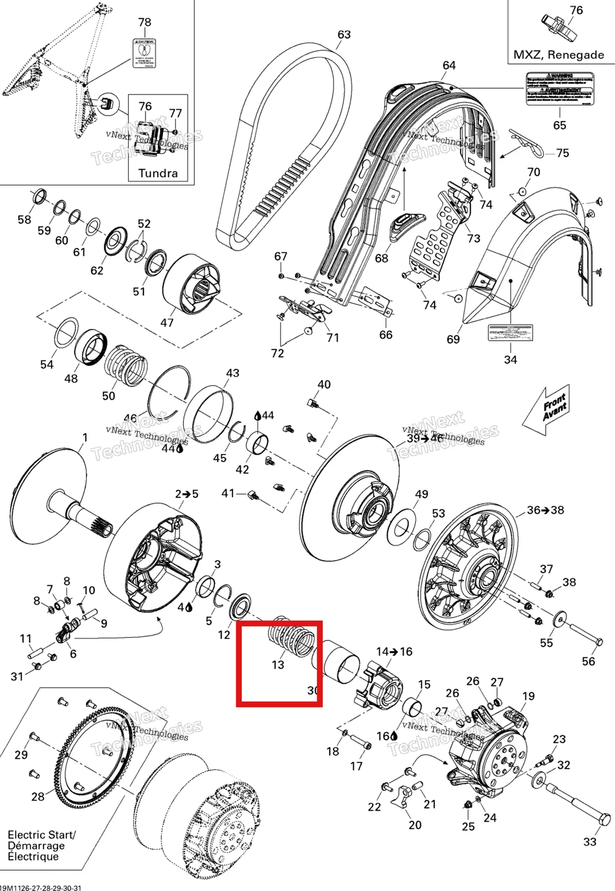 Деталь 414817500 (Деталь Spring, Red/yellow) на схеме узла 2011 Ski-Doo Tundra STD & Sport & LT 550F XP-LTS Pulley System
