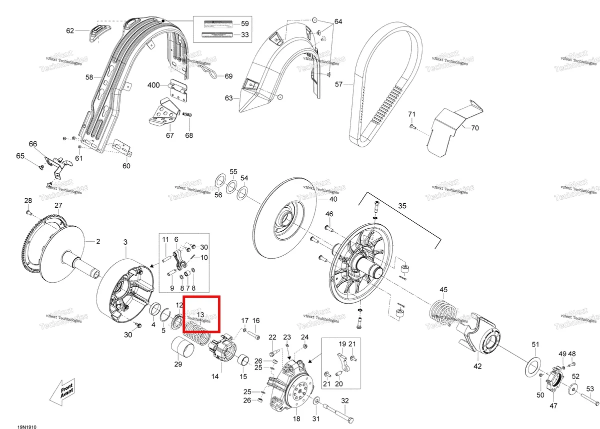 Деталь 414993000 (Деталь Tra Spring) на схеме узла 2019 Ski-Doo EXPEDITION LE-SE 600HO E-TEC Pulley