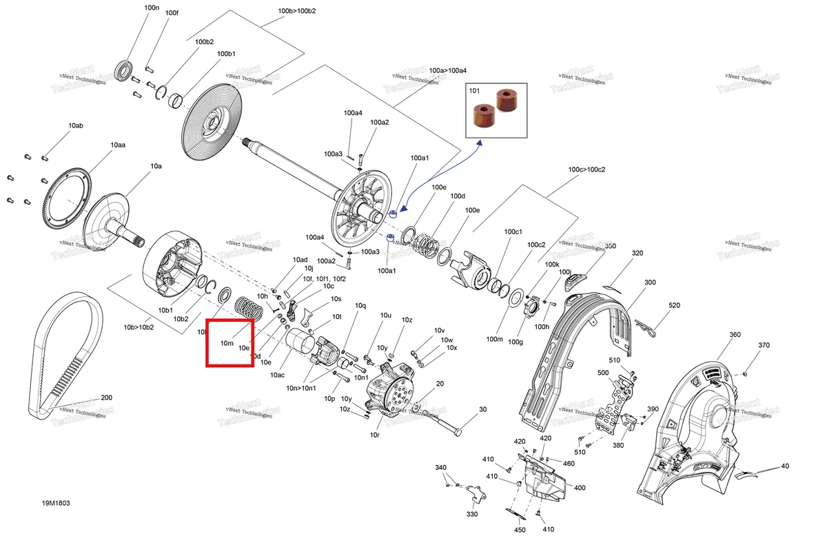 Деталь 415015400 (Деталь Spring, Violet/green) на схеме узла 2018 Ski-Doo SUMMIT 600HO E-TEC Pulley Summit - 600 Ho Etec