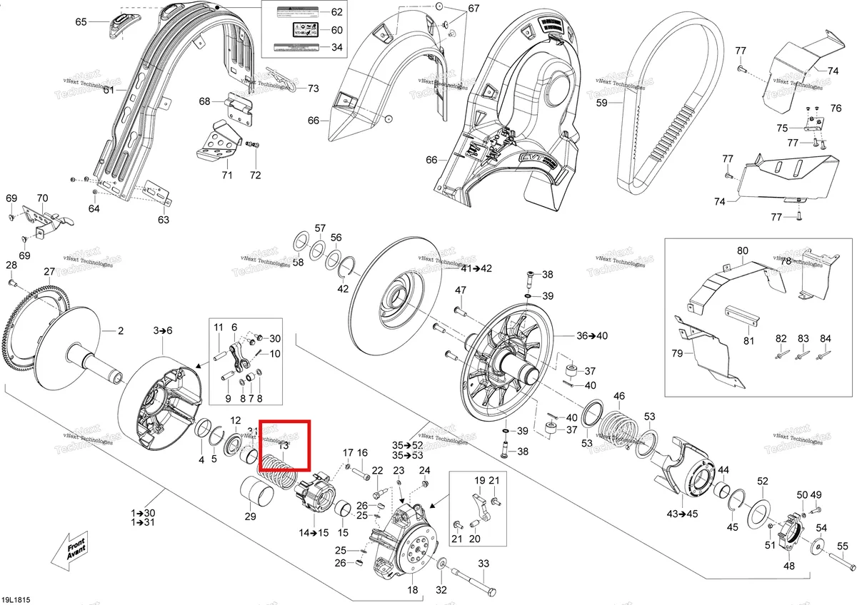 Деталь 415034900 (Деталь Spring, Violet/blue) на схеме узла 2018 Ski-Doo EXPEDITION XTREME 800R E-TEC Pulley Expedition - 800R E-Tec