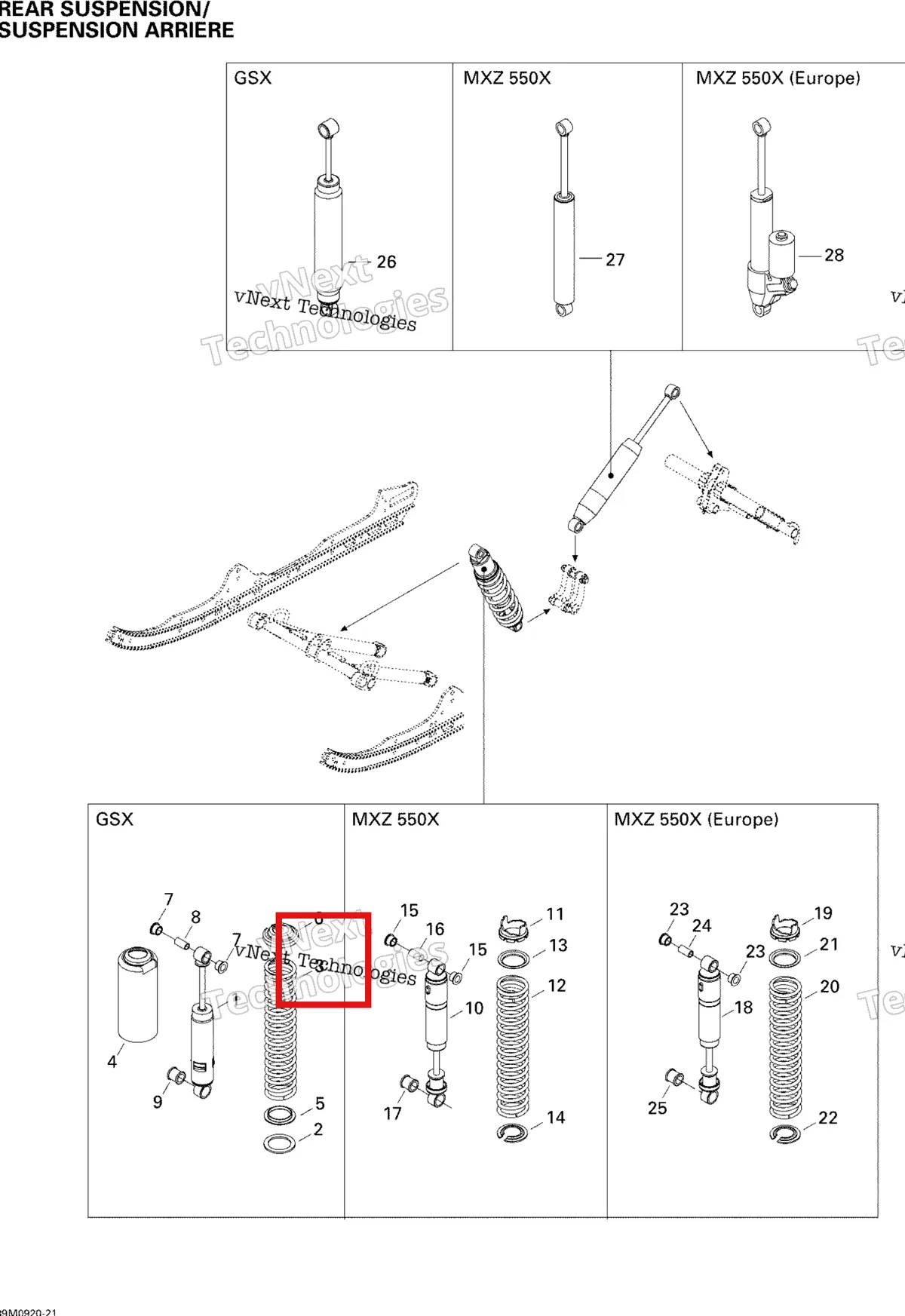 Деталь 415070100 (Пружина) на схеме узла 2009 Ski-Doo GSX Fan Rear Suspension Shocks