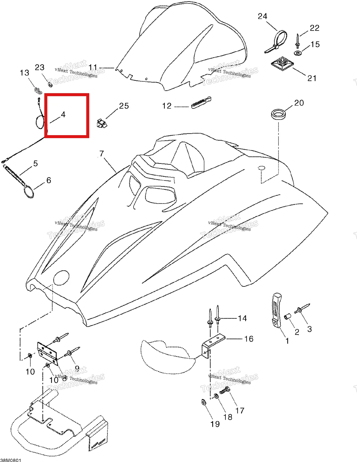 Деталь 415093900 (Деталь Cab Retainer Cable) на схеме узла 2008 Ski-Doo Mini Z Cab And Console