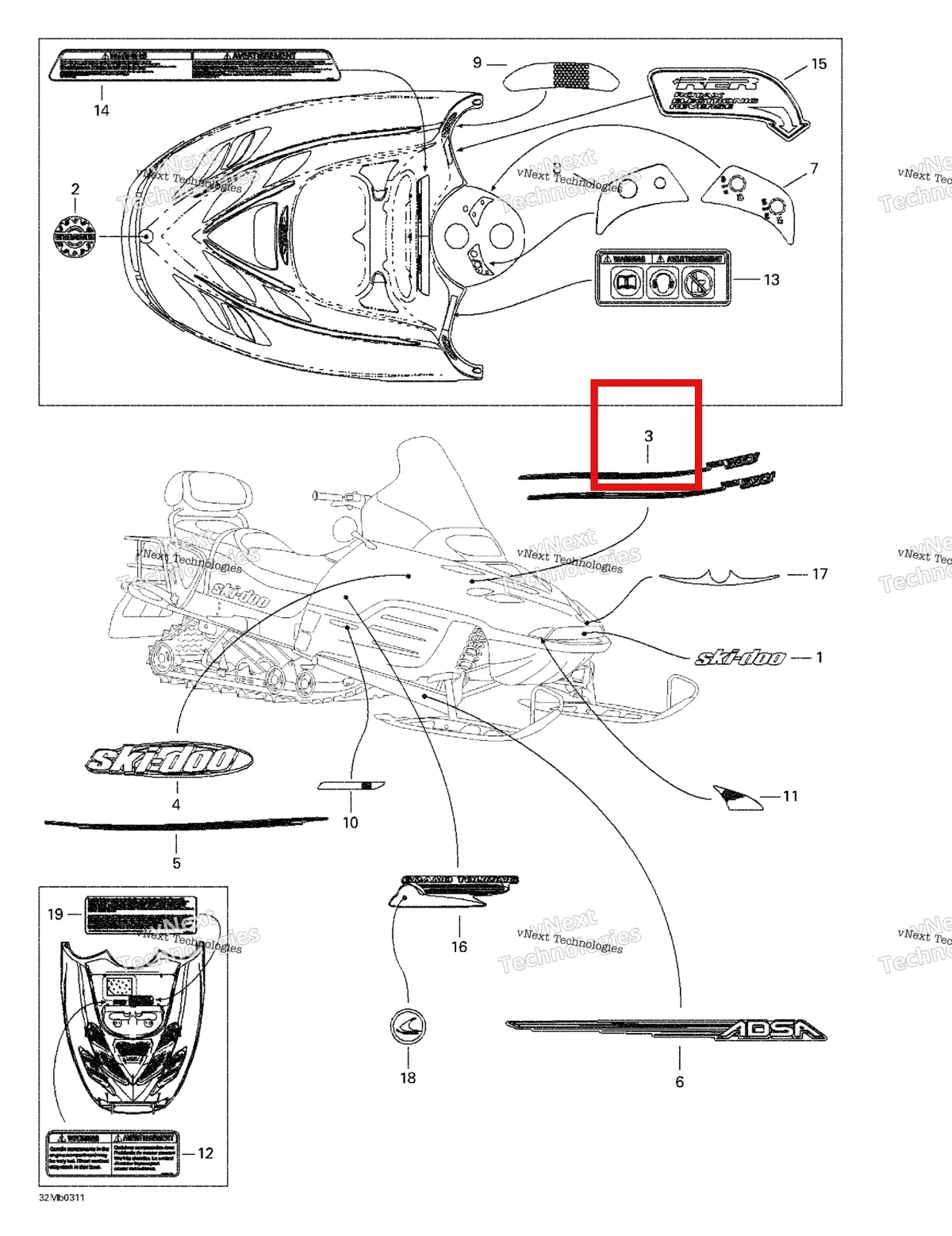 Деталь 415128447 на схеме узла 2003 Ski-Doo Grand Touring 380 F/550 F Decals