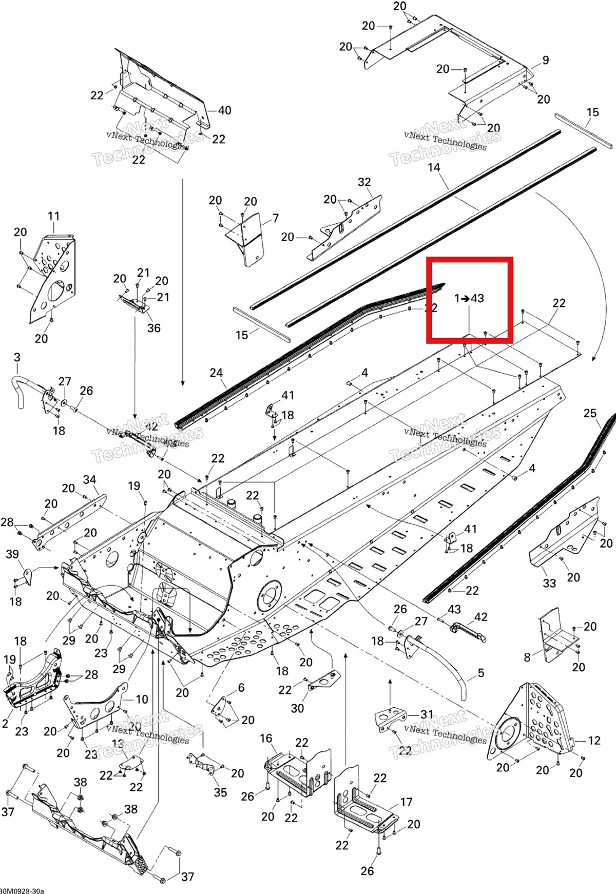 Деталь 415129311 (Деталь Frame 136" Ass'y. Includes 1 To 43) на схеме узла 2009 Ski-Doo Legend Touring Frame