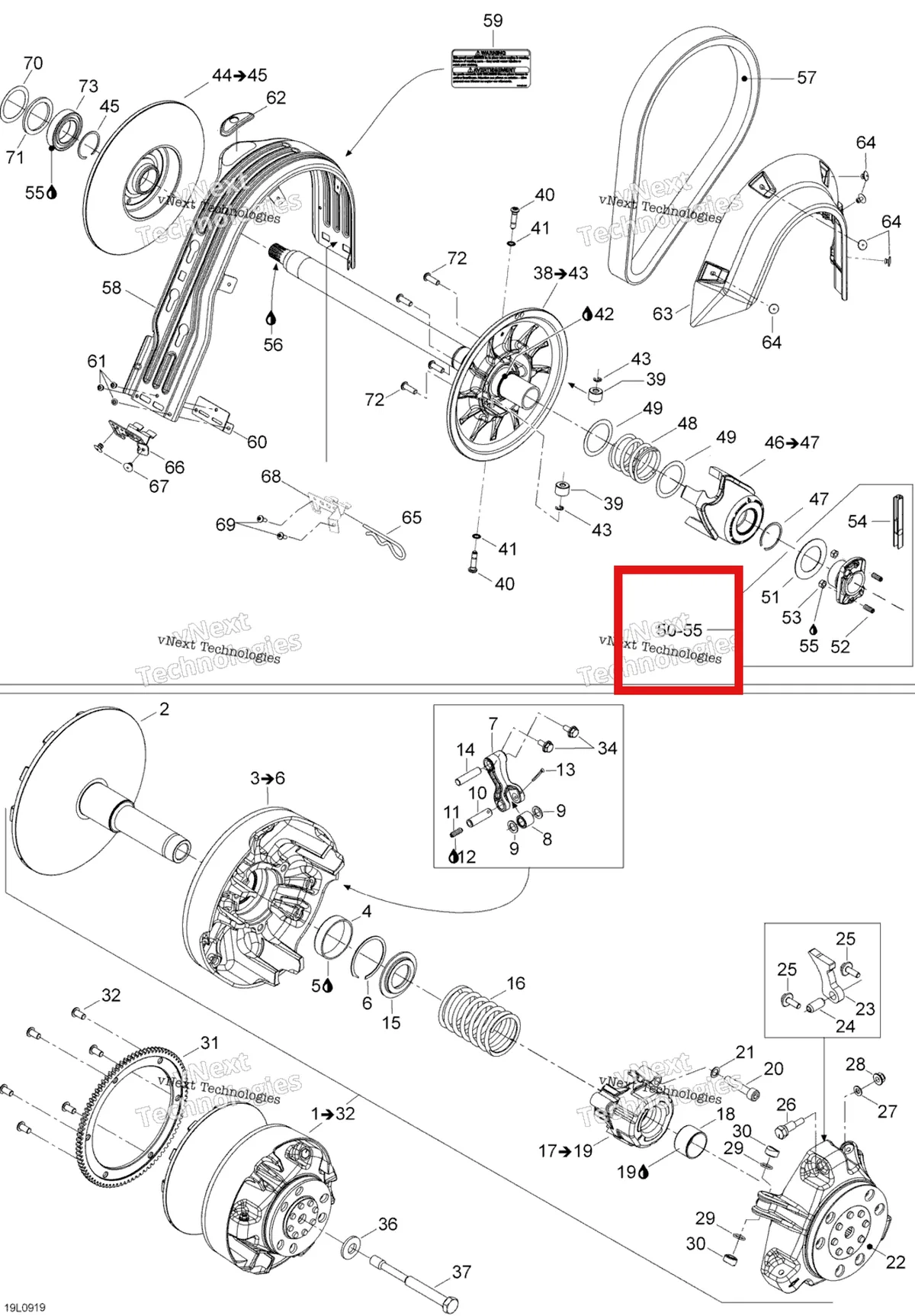 Деталь 415129409 (Деталь Adjustment Kit Includes 50-54) на схеме узла 2009 Ski-Doo Expedition TUV 600 H.O. SDI REV-XU Pulley System