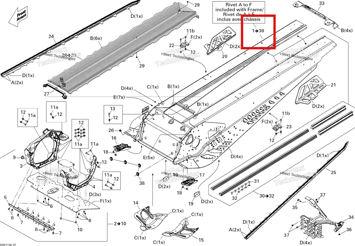 Деталь 415129586 (Деталь Frame Ass'y, 137". Includes 1 To 38) на схеме узла 2011 Ski-Doo Grand Touring Sport 600ACE Frame