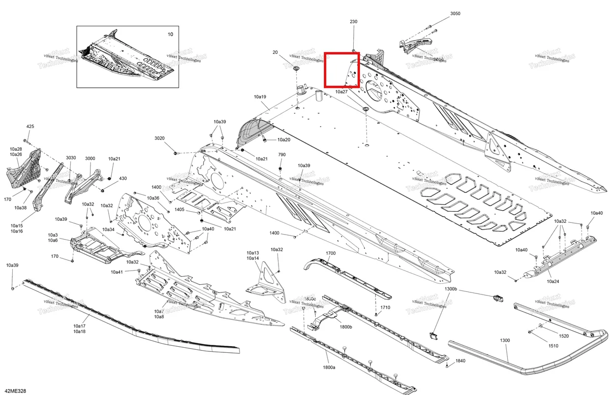 Деталь 415130838 на схеме узла 2025 Ski-Doo MXZ - 600R E -TEC - X-RS - MZSE - Deep Black - 129X15X1.5IR Track Frame - System - Rear Section