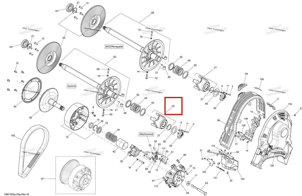 Деталь 417127105 (Деталь Cam Ass'y, 41/45 Deg.. Includes 45 To 46) на схеме узла 2013 Ski-Doo SUMMIT SP 600HOE XP Pulley System