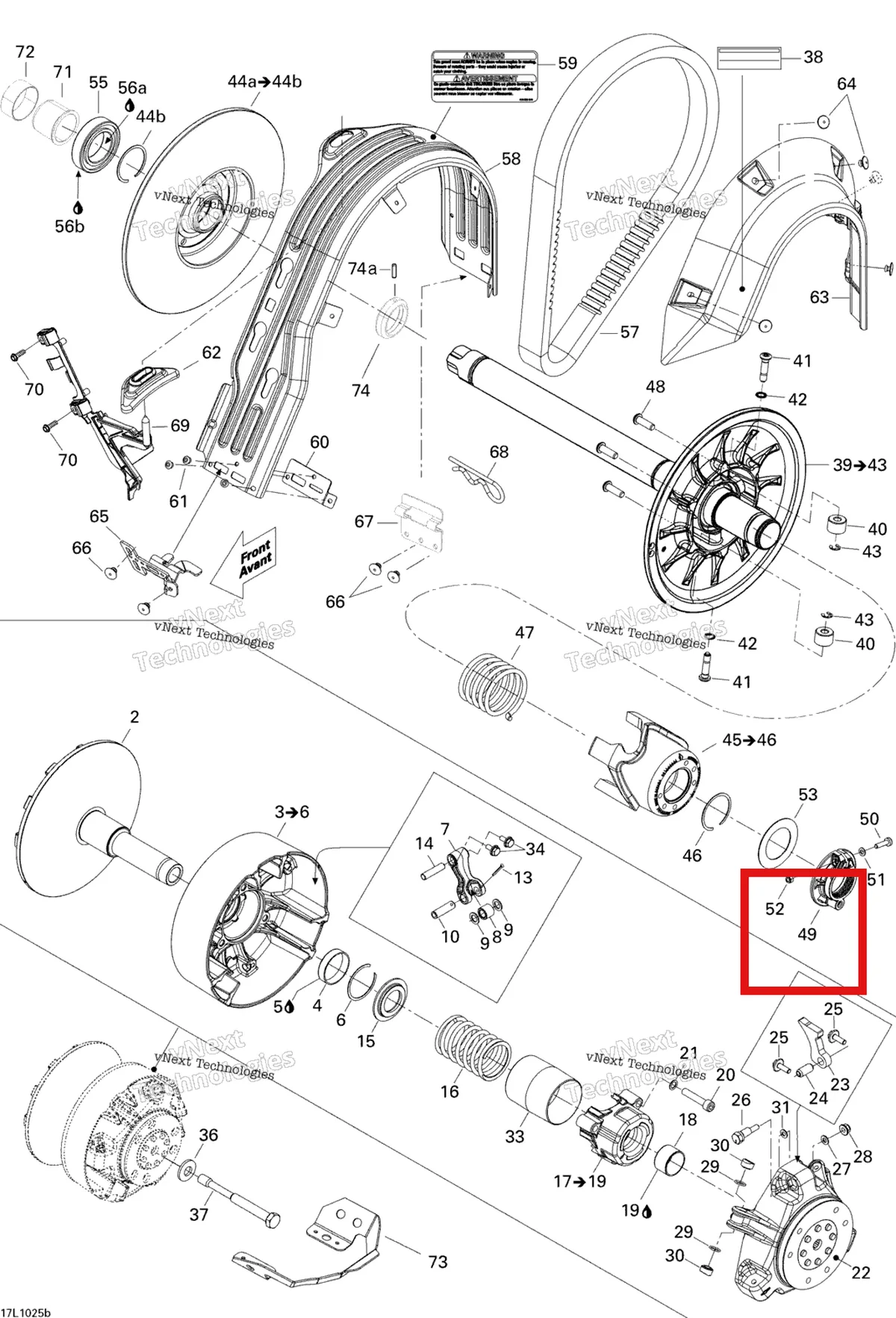 Деталь 417127173 (Деталь Pulley Ajustable Ass'y. Includes 51 To 53) на схеме узла 2010 Ski-Doo Expedition TUV SE 1200 REV-XU Pulley System Se