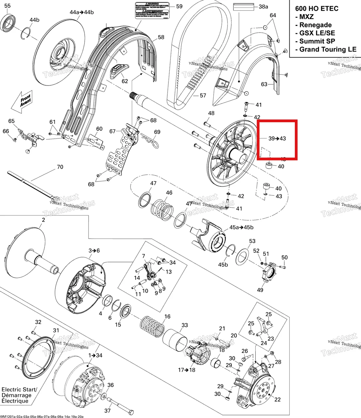 Деталь 417127268 (Деталь Fixe Flange Ass'y. Includes 39 To 43) на схеме узла 2012 Ski-Doo Summit SP 600HO E-TEC Pulley System 600 Ho Etec