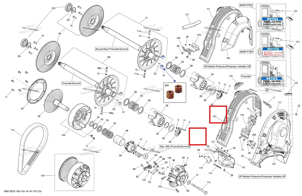 Деталь 417127303 (Деталь Fixed Flange Ass'y. Includes 39 To 43) на схеме узла 2013 Ski-Doo RENEGADE ADRENALINE 800RE XP Pulley System 800R Etec