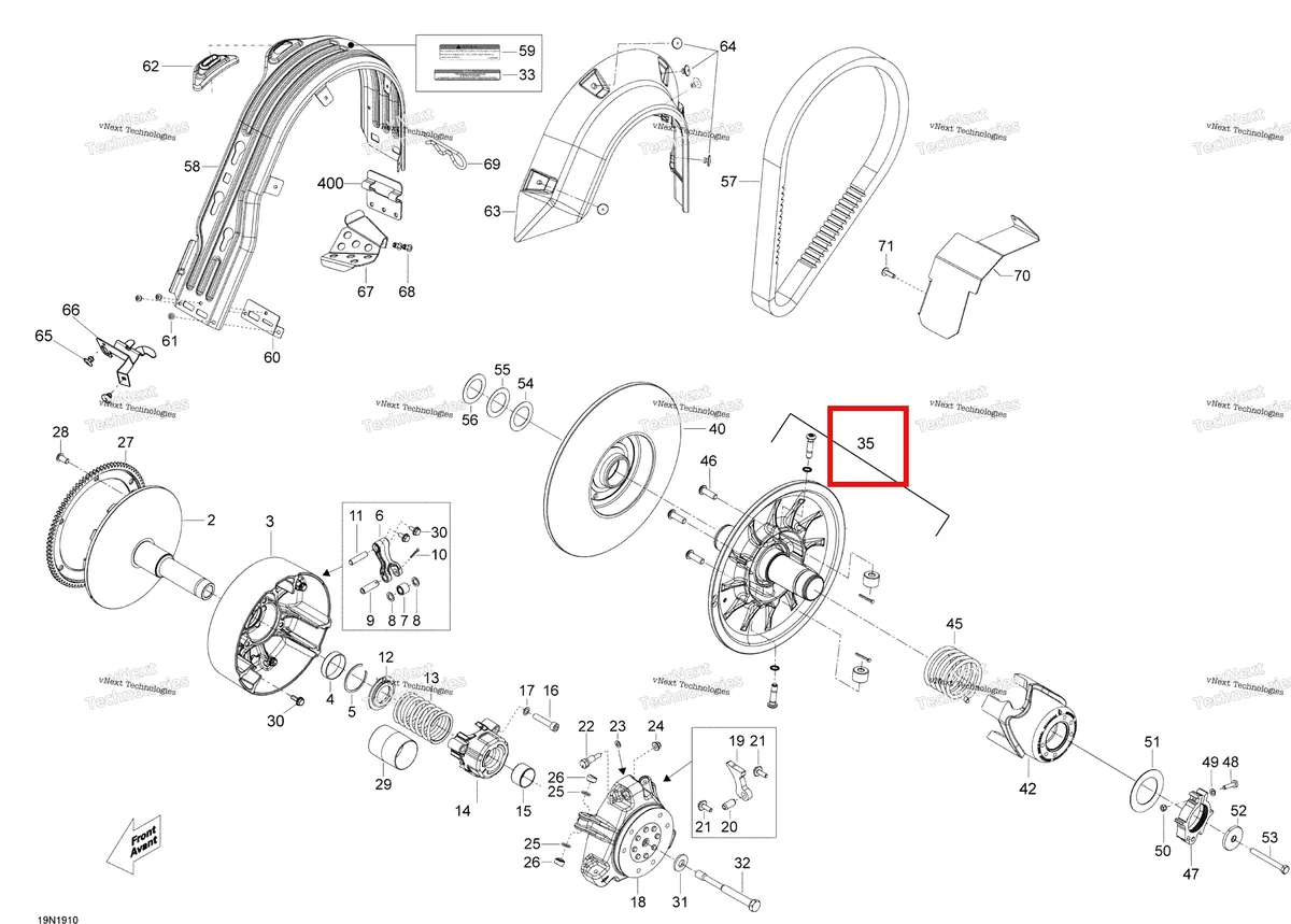 Деталь 417127466 (Деталь Fixed Flange Ass'y. Includes 37 To 41) на схеме узла 2019 Ski-Doo EXPEDITION LE-SE 600HO E-TEC Pulley