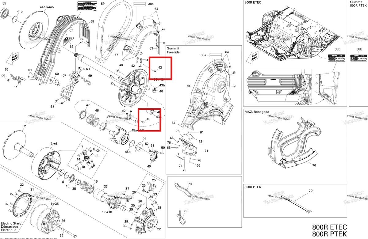 Деталь 417222813 (Шплинт) на схеме узла 2012 Ski-Doo Summit SP 800R E-TEC Pulley System 800R Etec