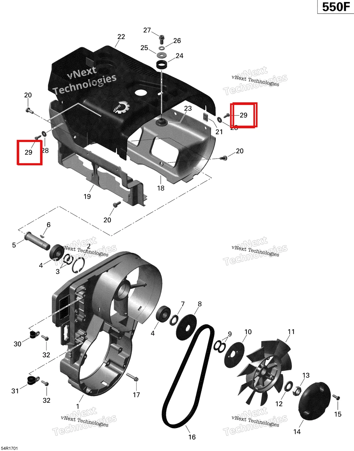 Деталь 417300006 (Саморез 4.8 Х 16) на схеме узла 2020 Ski-Doo EXPEDITION SPORT 550F Engine - Fan And Cylinder Cowls - 550F