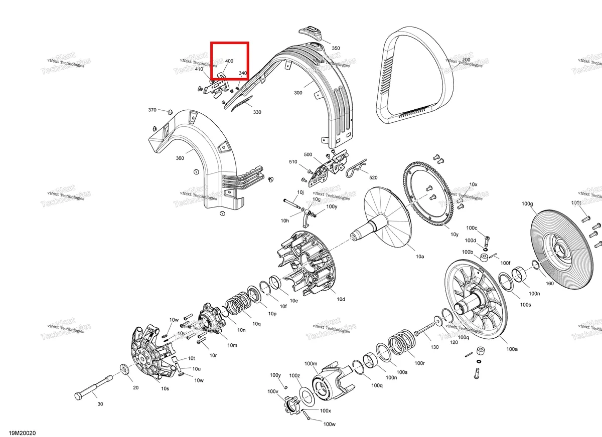 Деталь 417300386 (Передний Кожух Ремня Кронштейн) на схеме узла 2020 Ski-Doo EXPEDITION SPORT 550F Pulley - System