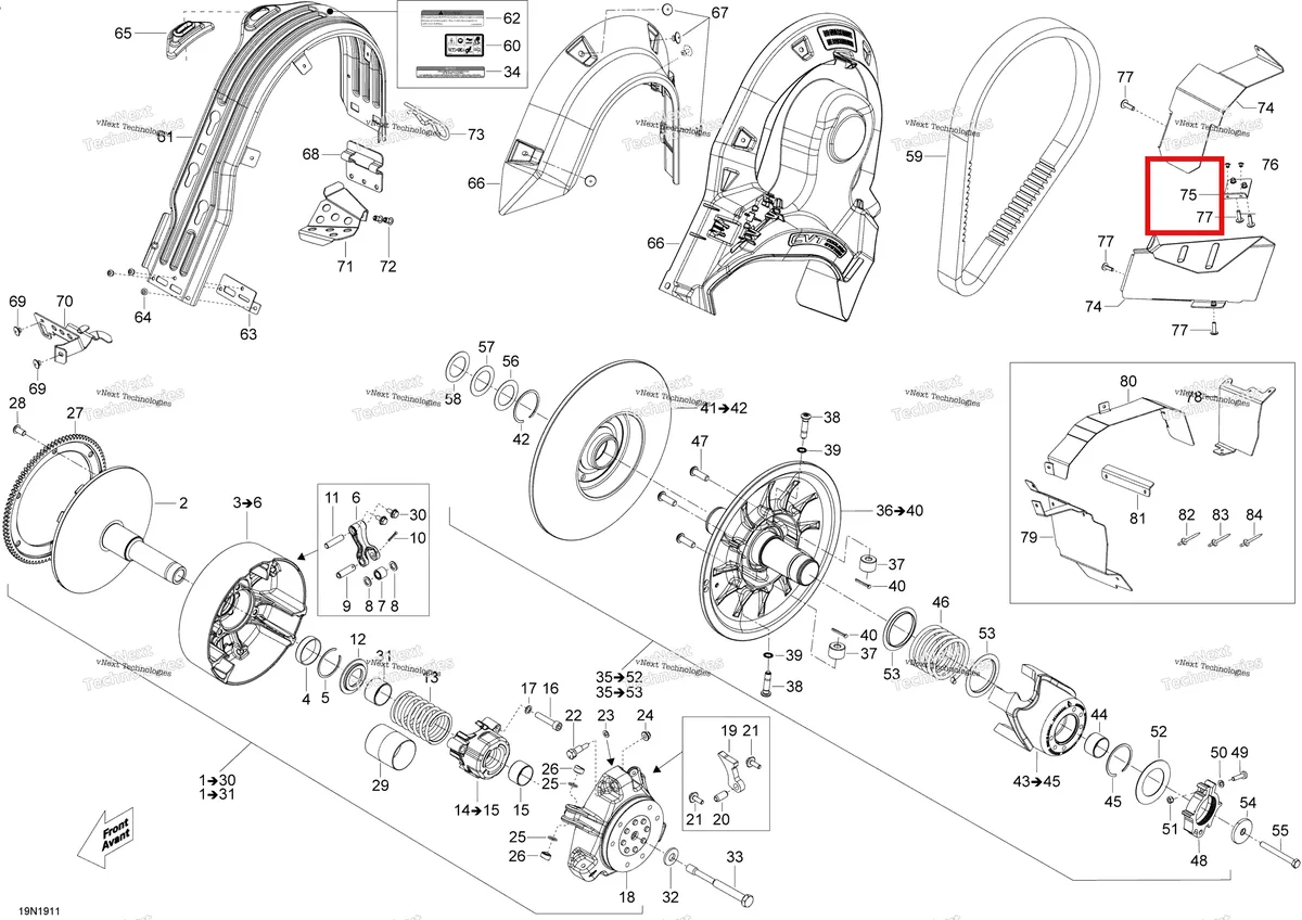 Деталь 417300497 (Деталь Air Duct Bracket. Model-800 E-tec) на схеме узла 2019 Ski-Doo EXPEDITION XTREME 800R E-TEC Pulley - 800R E-Tec