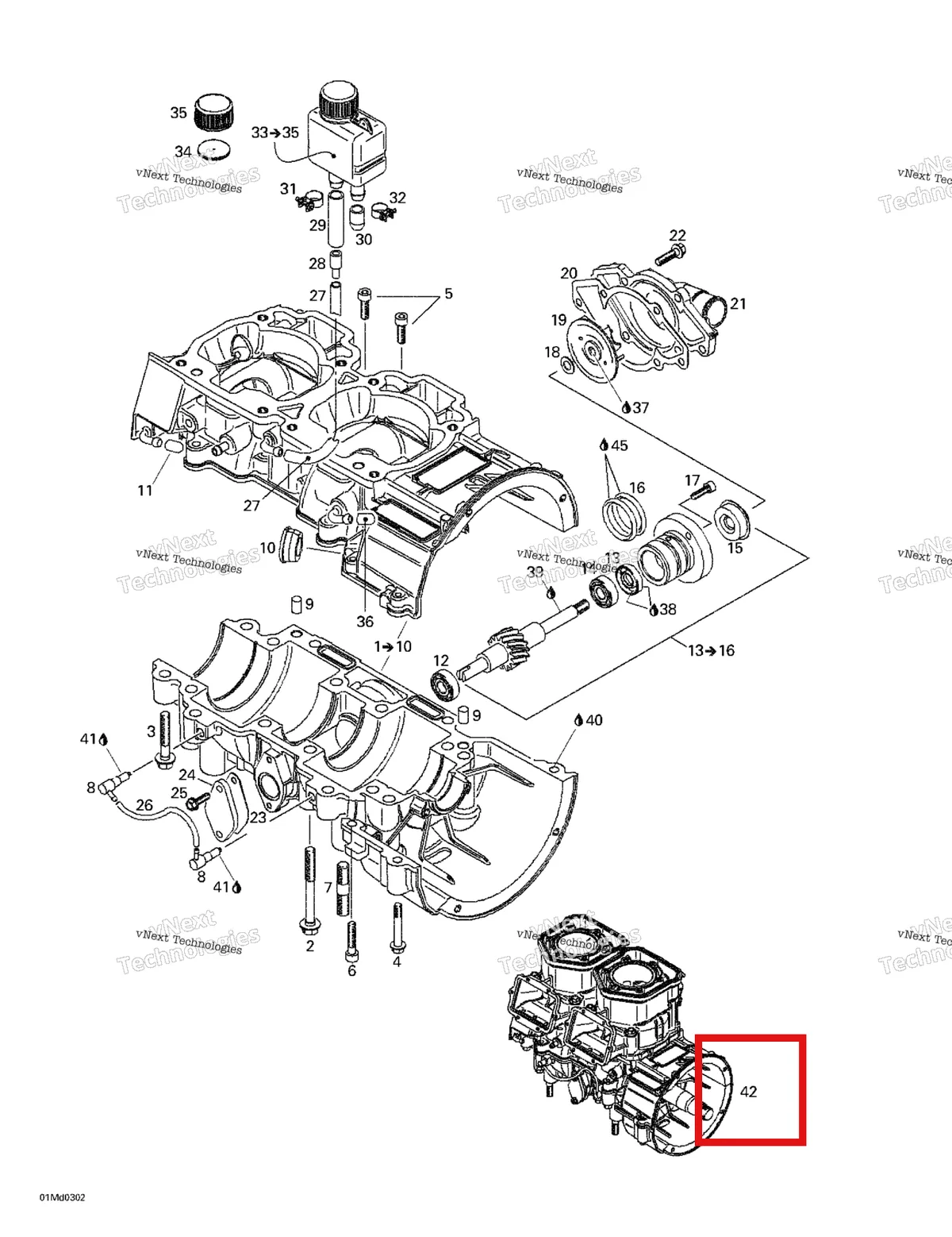 Деталь 420045304 на схеме узла 2003 Ski-Doo MX Z X 440 Crankcase, Water Pump