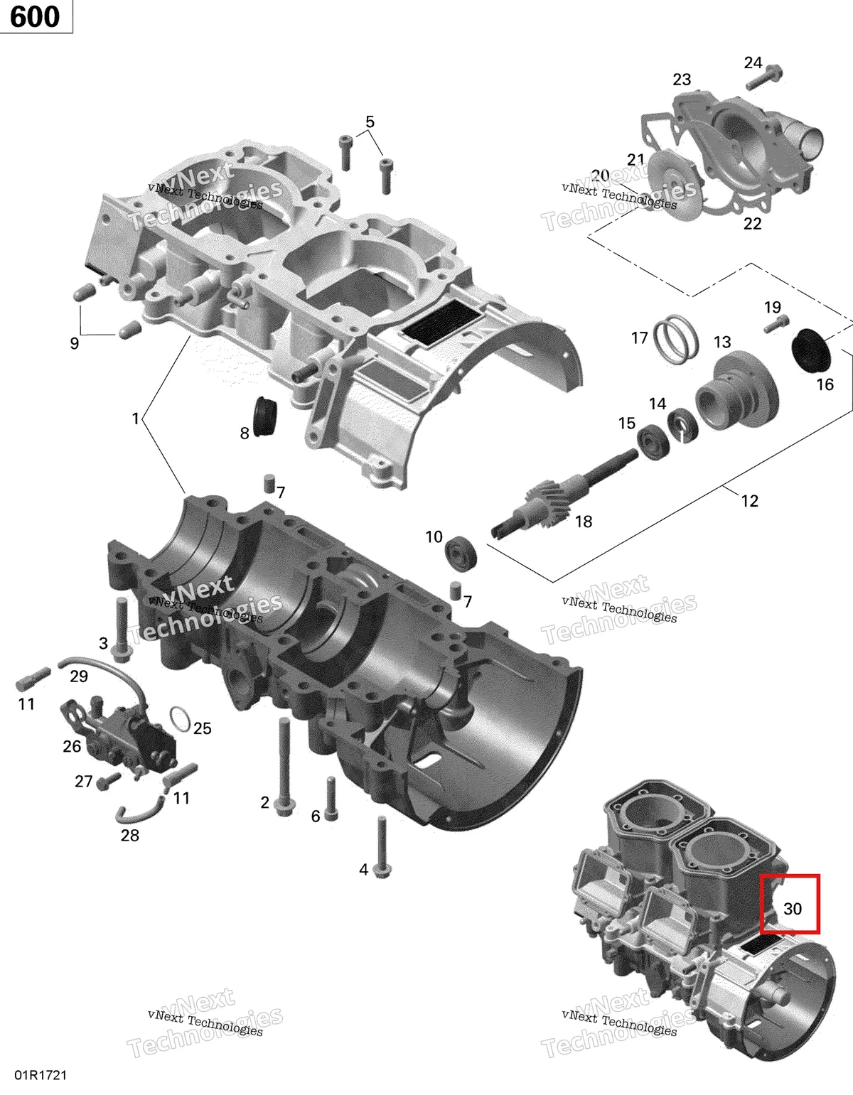 Деталь 420059312 (Деталь Short Block 593) на схеме узла 2020 Ski-Doo MXZ 600 CARB Engine - Crankcase, Water Pump And Oil Pump - 600 Carb