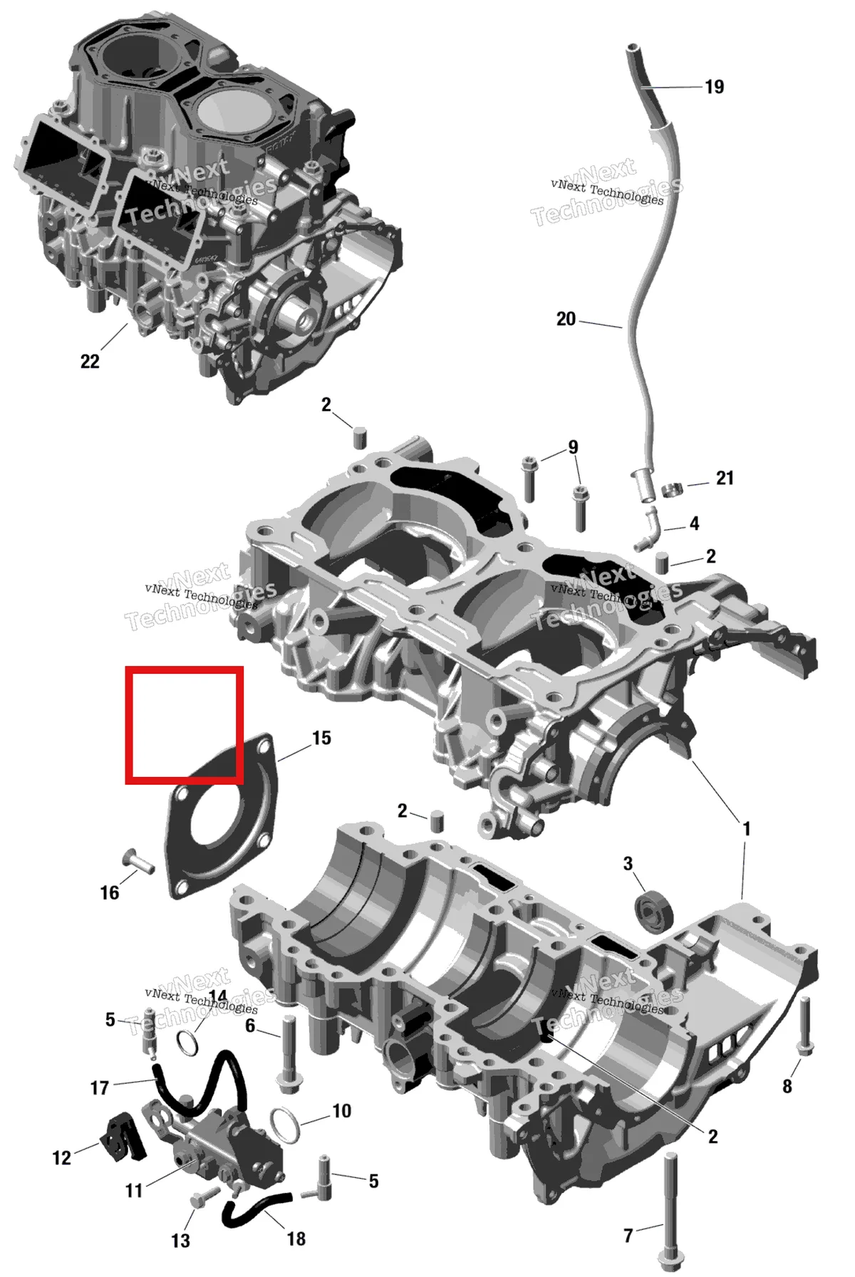 Деталь 420059833 на схеме узла 2025 Ski-Doo MXZ - 600 EFI - 45 - NEO - BBSA - Catalyst Gray - 120X14X1.0C Track Rotax - Crankcase