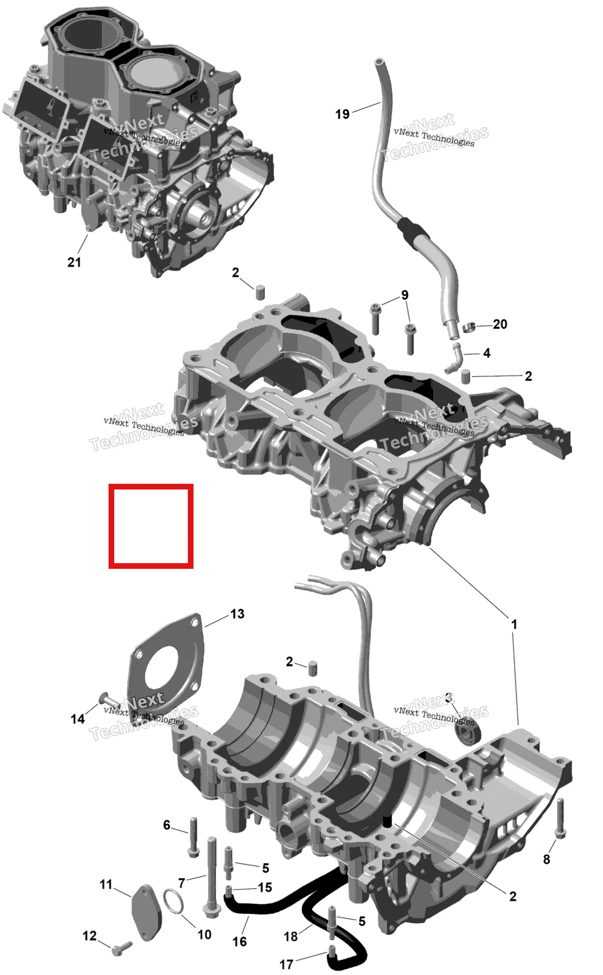 Деталь 420059836 на схеме узла 2026 Ski-Doo BACKCOUNTRY - SPORT - 600 EFI - UBTA - Neo Yellow - 16X146X2.0P Track Rotax - Crankcase