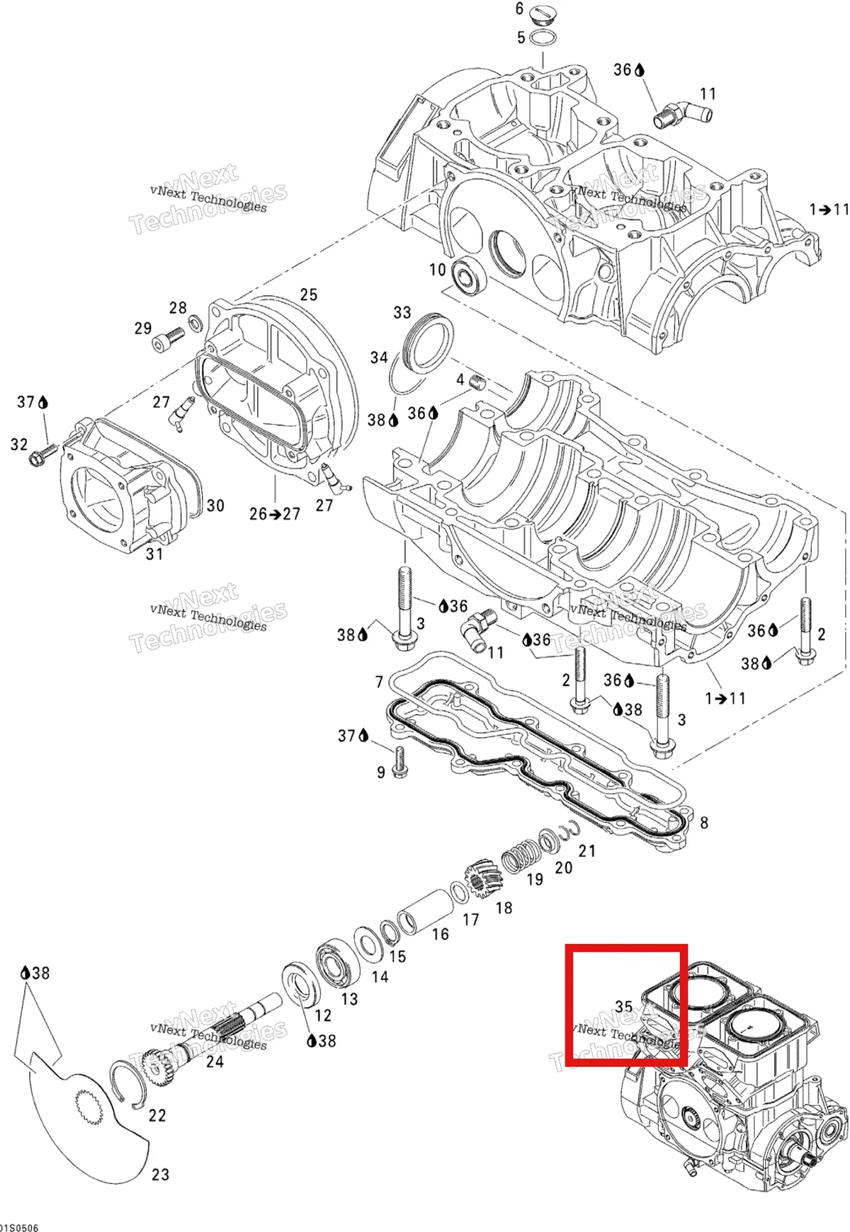 Деталь 420078707 на схеме узла 2005 Sea-Doo 3D RFI Crankcase And Rotary Valve