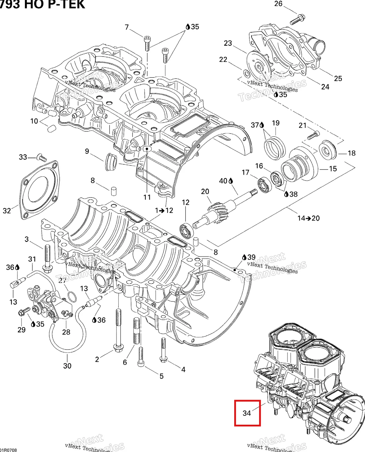 Схема применяемости: Короткий блок 793 HO Ski-Doo 420079342