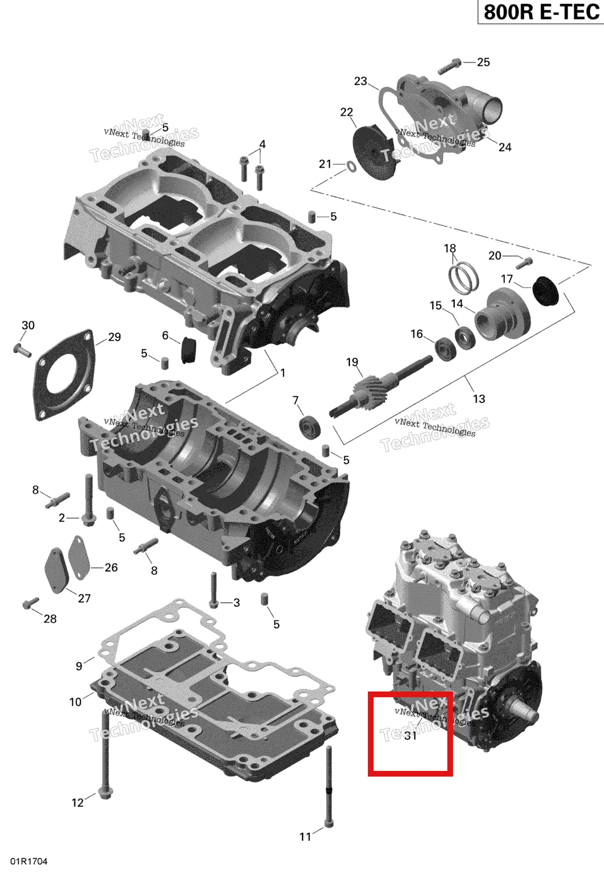 Деталь 420079755 на схеме узла 2019 Ski-Doo EXPEDITION XTREME 800R E-TEC Crankcase And Water Pump - 800R E-Tec
