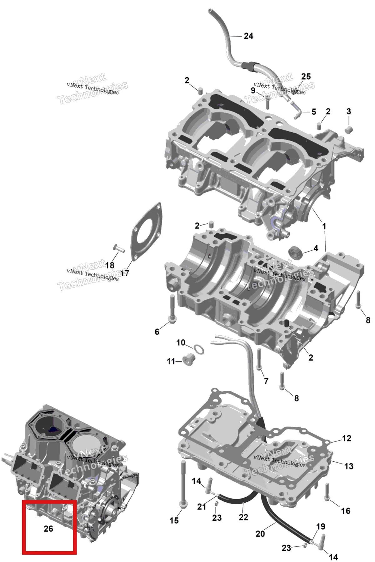 Деталь 420084915 (Короткий блок 849 E Tec Ski-Doo Summit Adrenaline Enduro 850 E-TEC (2026) (420084915)) на схеме узла 2026 Ski-Doo SUMMIT - X with Expert Package - 850 E-TEC - THTC - Deep Black - 16X165X3P4 Track Rotax - Crankcase