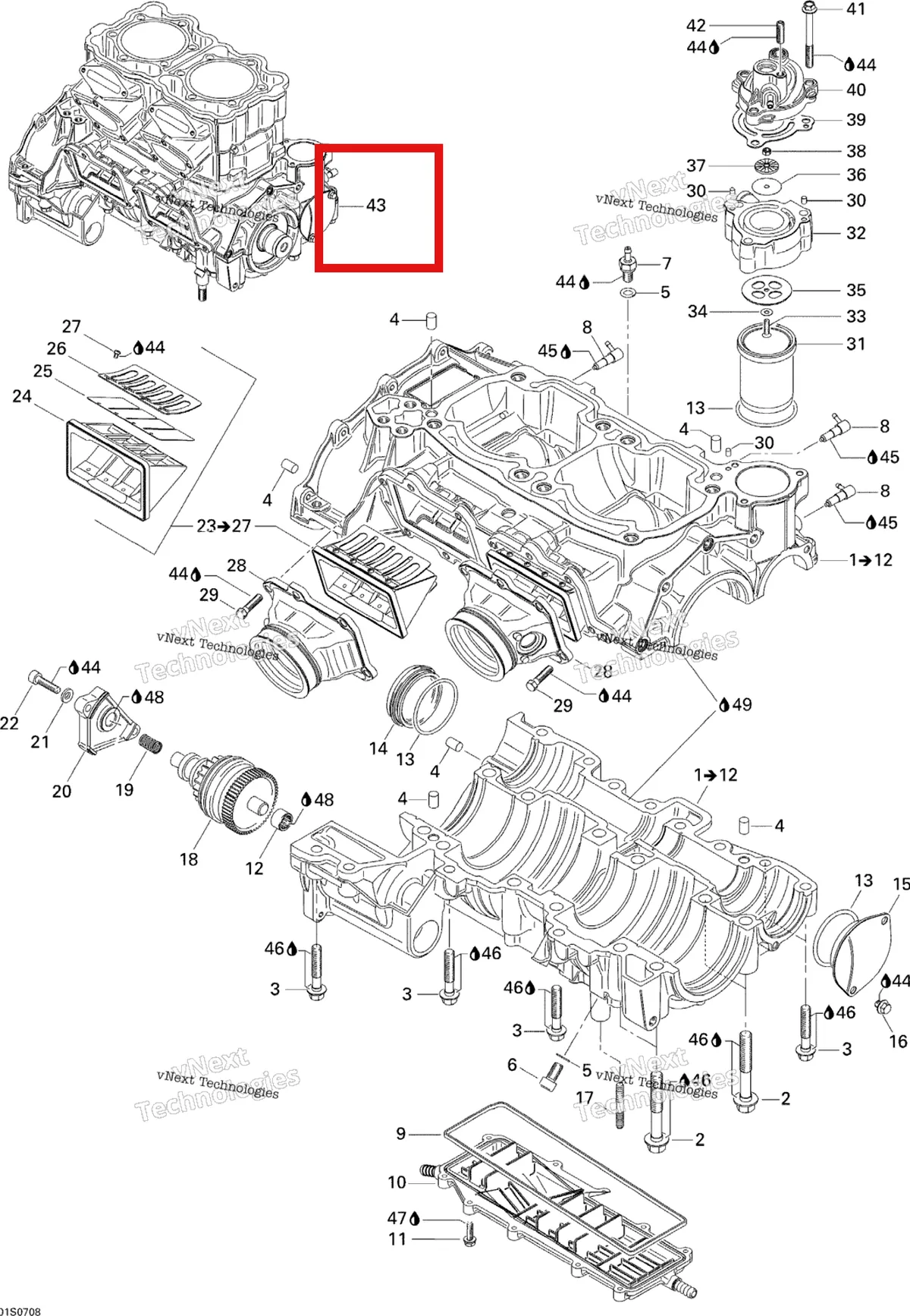 Деталь 420094707 на схеме узла 2007 Sea-Doo 3D 947 DI Crankcase And Reed Valve