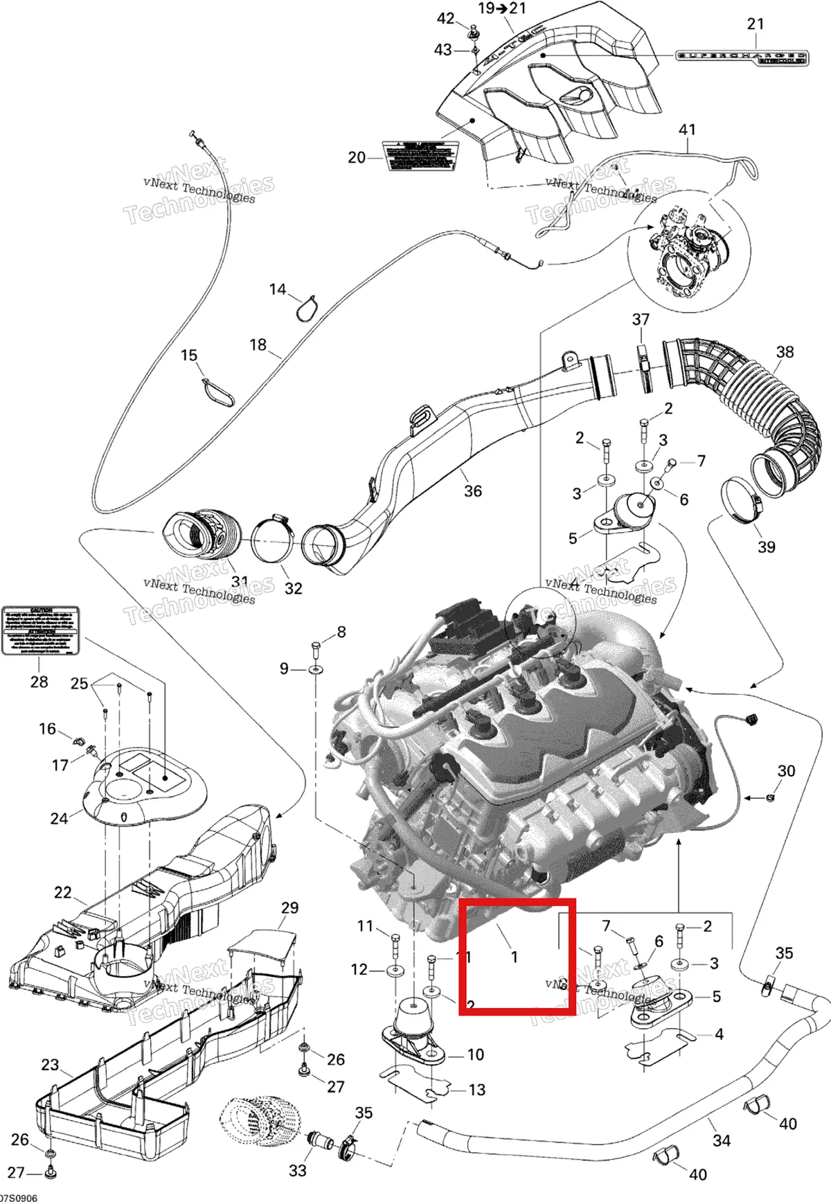 Деталь 420150337 на схеме узла 2009 Sea-Doo RXP 215 Engine And Air Intake Silencer