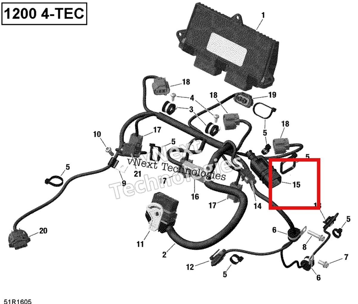 Деталь 420201070 (Протектор) на схеме узла 2019 Ski-Doo EXPEDITION LE-SE 1200 4-TEC Engine Harness And Electronic Module - 1200Itc 4-Tec