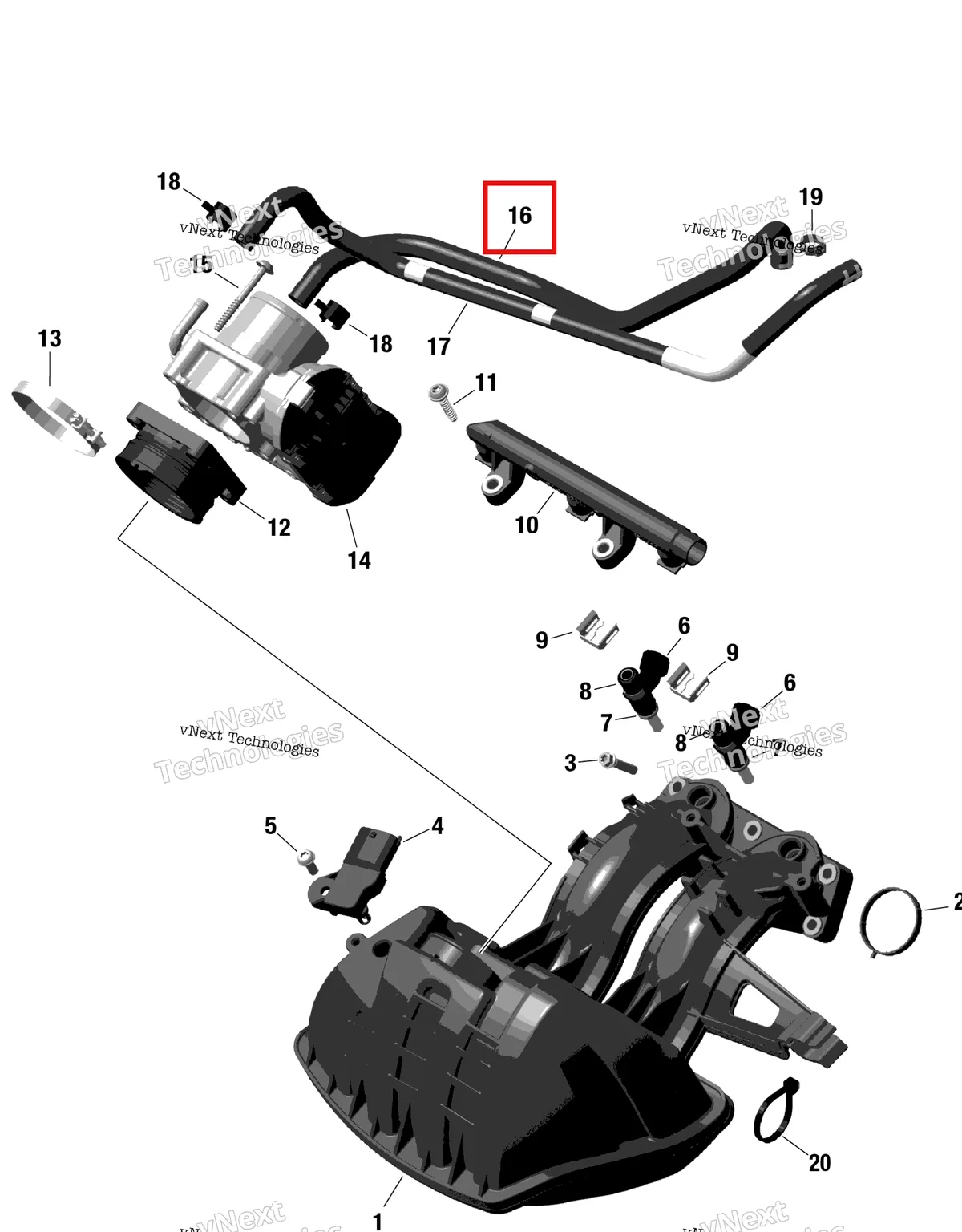 Деталь 420201490 (Шланг) на схеме узла Rotax - Air Intake Manifold And Throttle Body