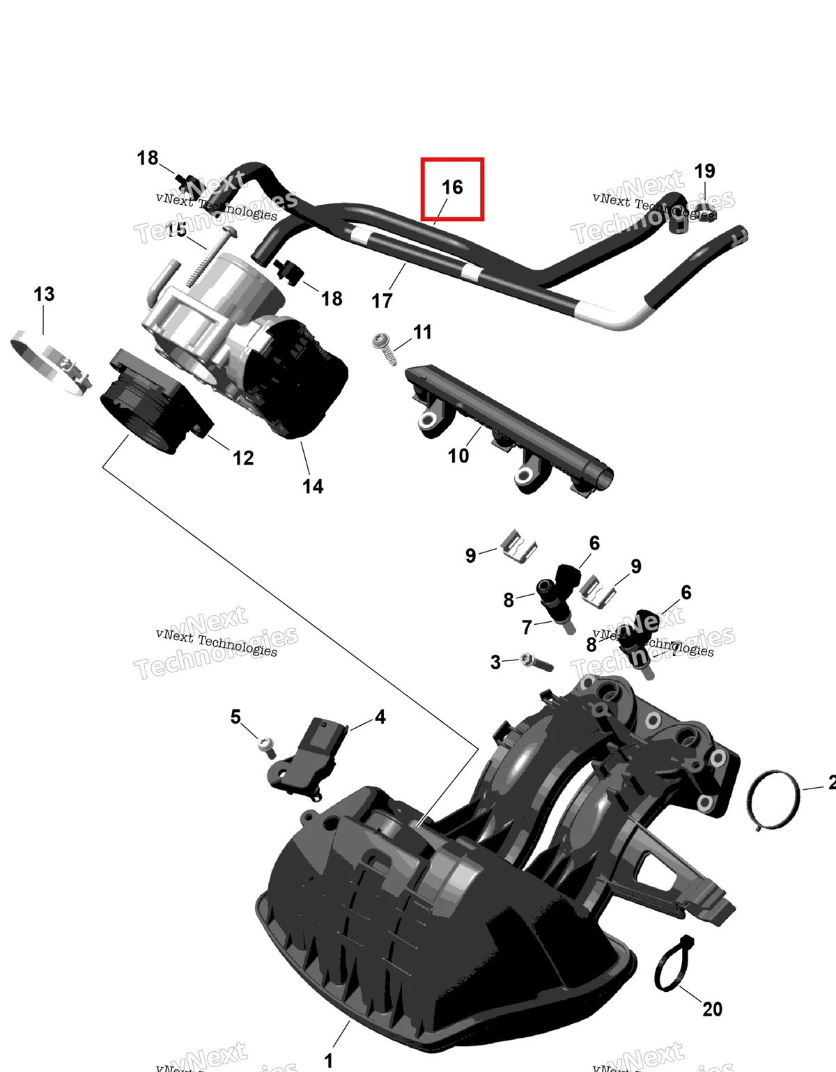 Деталь 420201493 на схеме узла 2026 Ski-Doo EXPEDITION - SPORT - 600 ACE - KCTB - Neo Yellow - 16X154X1.5CH Track Rotax - Air Intake Manifold And Throttle Body