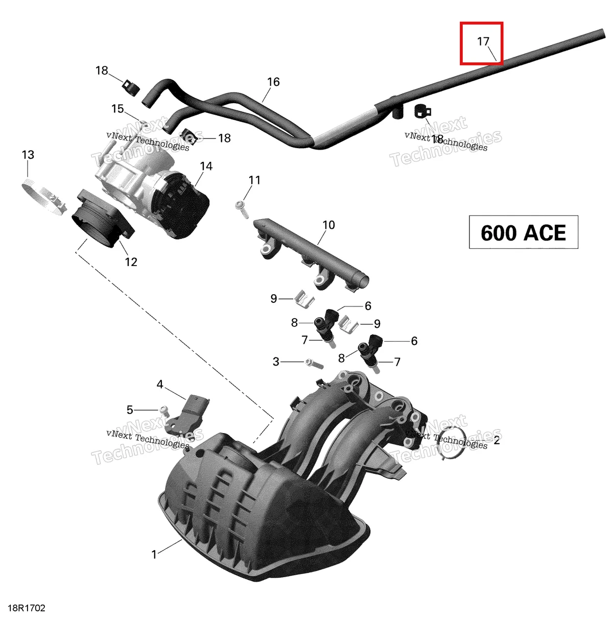 Деталь 420201495 (Шланг) на схеме узла 2019 Ski-Doo EXPEDITION SPORT 600 ACE Air Intake Manifold And Throttle Body - 600 Ace