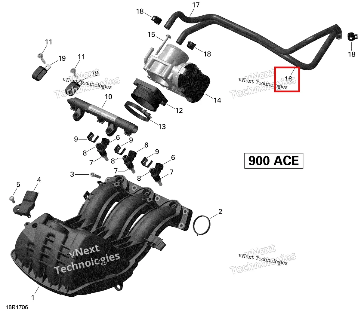 Деталь 420201505 (Формованный шланг) на схеме узла 2018 Ski-Doo EXPEDITION SPORT 900 ACE Air Intake Manifold And Throttle Body - 900 Ace