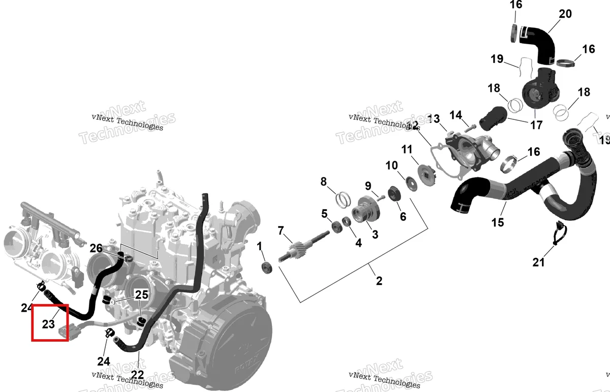Деталь 420201512 на схеме узла 2026 Ski-Doo BACKCOUNTRY - SPORT - 600 EFI - UBTA - Neo Yellow - 16X146X2.0P Track Rotax - Engine Cooling
