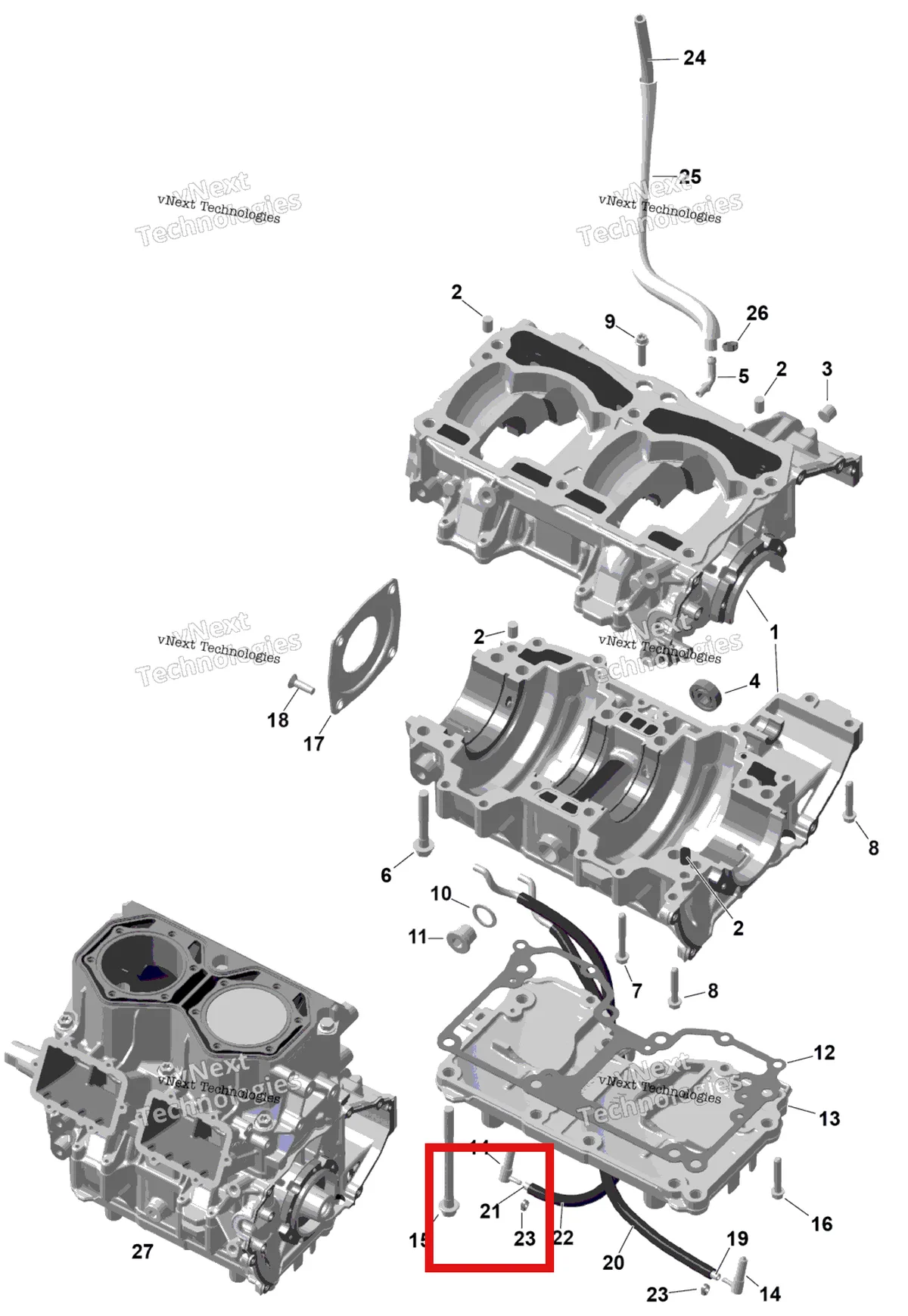 Деталь 420201542 на схеме узла 2025 Ski-Doo EXPEDITION - 850 E-TEC - SE - AGSC - Deep Black - 154X20X1.5CST Track Rotax - Crankcase