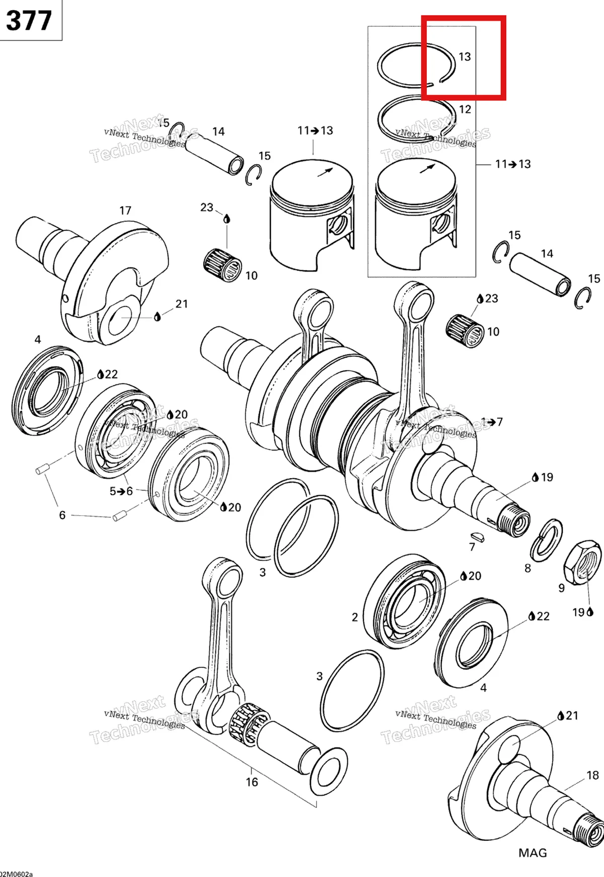 Деталь 420215216 (Деталь Semi-trapez Ring, 62.25 Mm) на схеме узла 2006 Ski-Doo GSX 380F Crankshaft And Pistons Gsx 377