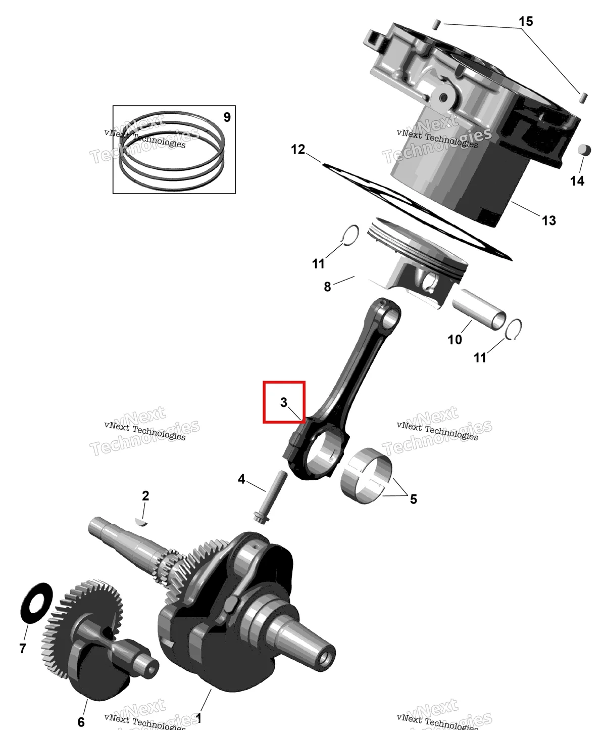 Деталь 420217467 (Шатун в сборе включает no 3 4 Can-Am Outlander 4x4 DPS 700 (2025) (420217467)) на схеме узла 2026 Can-Am OUTLANDER - 2X4 - STD - 500 - 1KTB - Legion Red Rotax - Crankshaft, Pistons And Cylinder