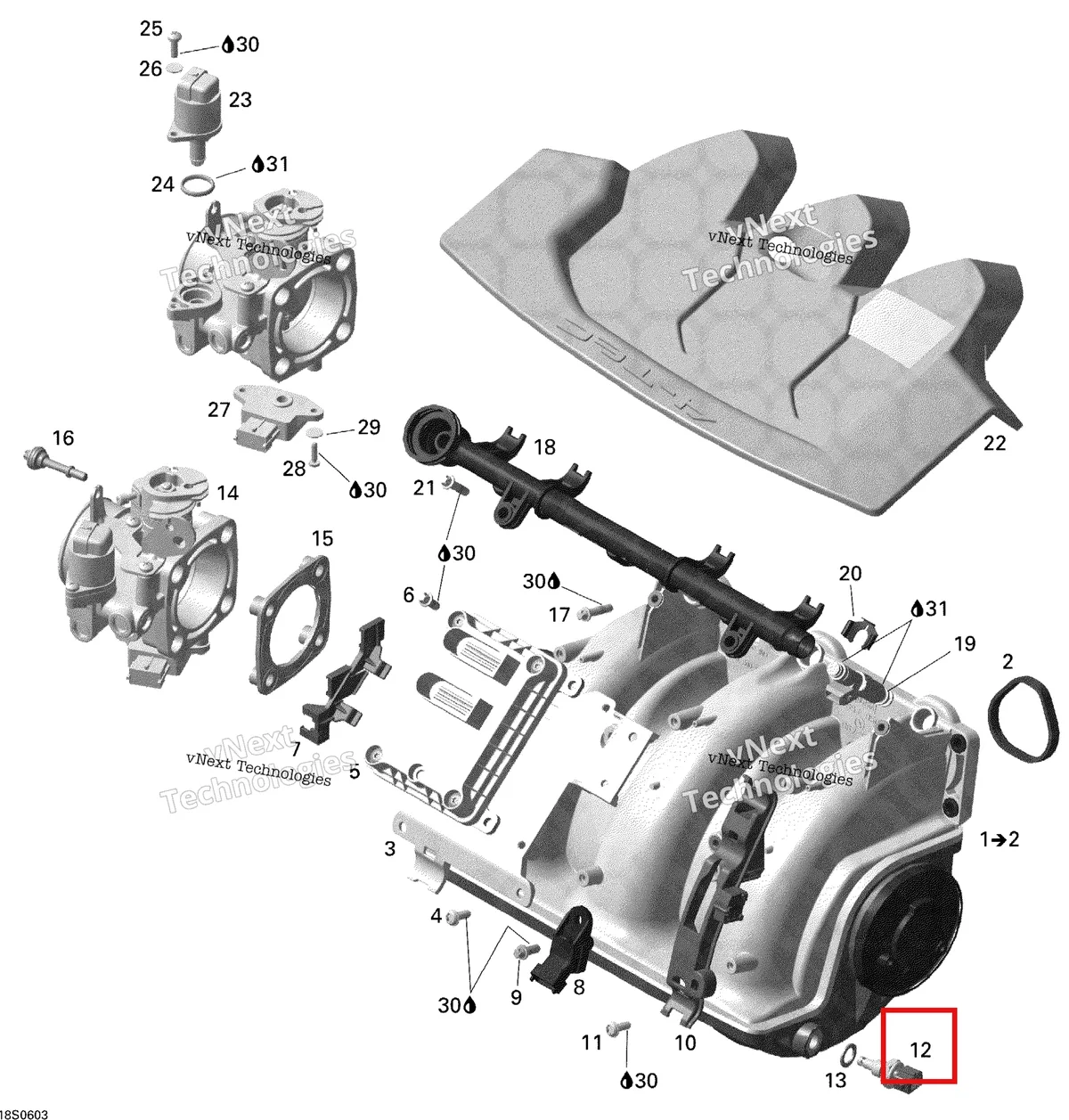 Деталь 420222429 на схеме узла 2006 Sea-Doo GTX 4-TEC SC Air Intake Manifold