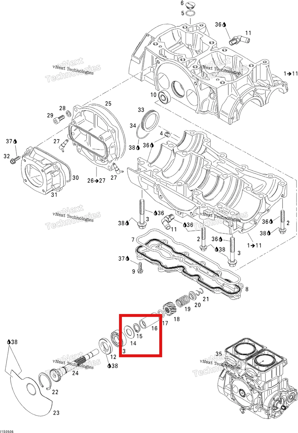 Деталь 420227439 (Регулировочная прокладка) на схеме узла 2005 Sea-Doo 3D RFI Crankcase And Rotary Valve