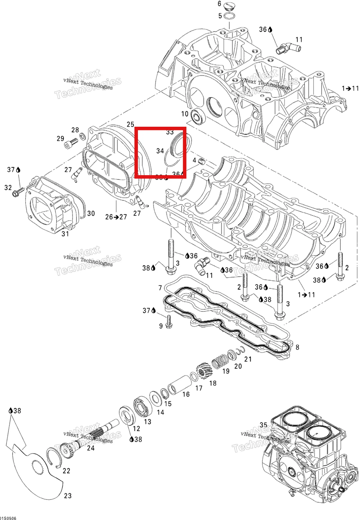 Деталь 420230300 на схеме узла 2005 Sea-Doo 3D RFI Crankcase And Rotary Valve