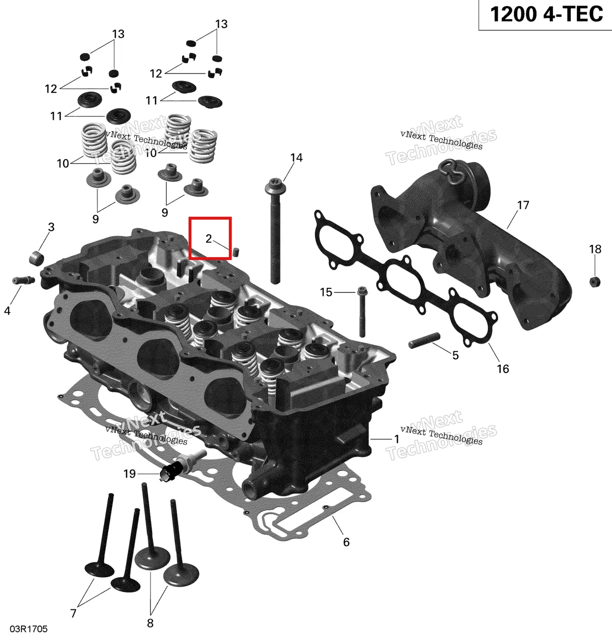 Деталь 420232210 (Деталь Center Pin) на схеме узла 2019 Ski-Doo EXPEDITION LE-SE 1200 4-TEC Cylinder Head And Exhaust Manifold - 1200 Itc 4-Tec
