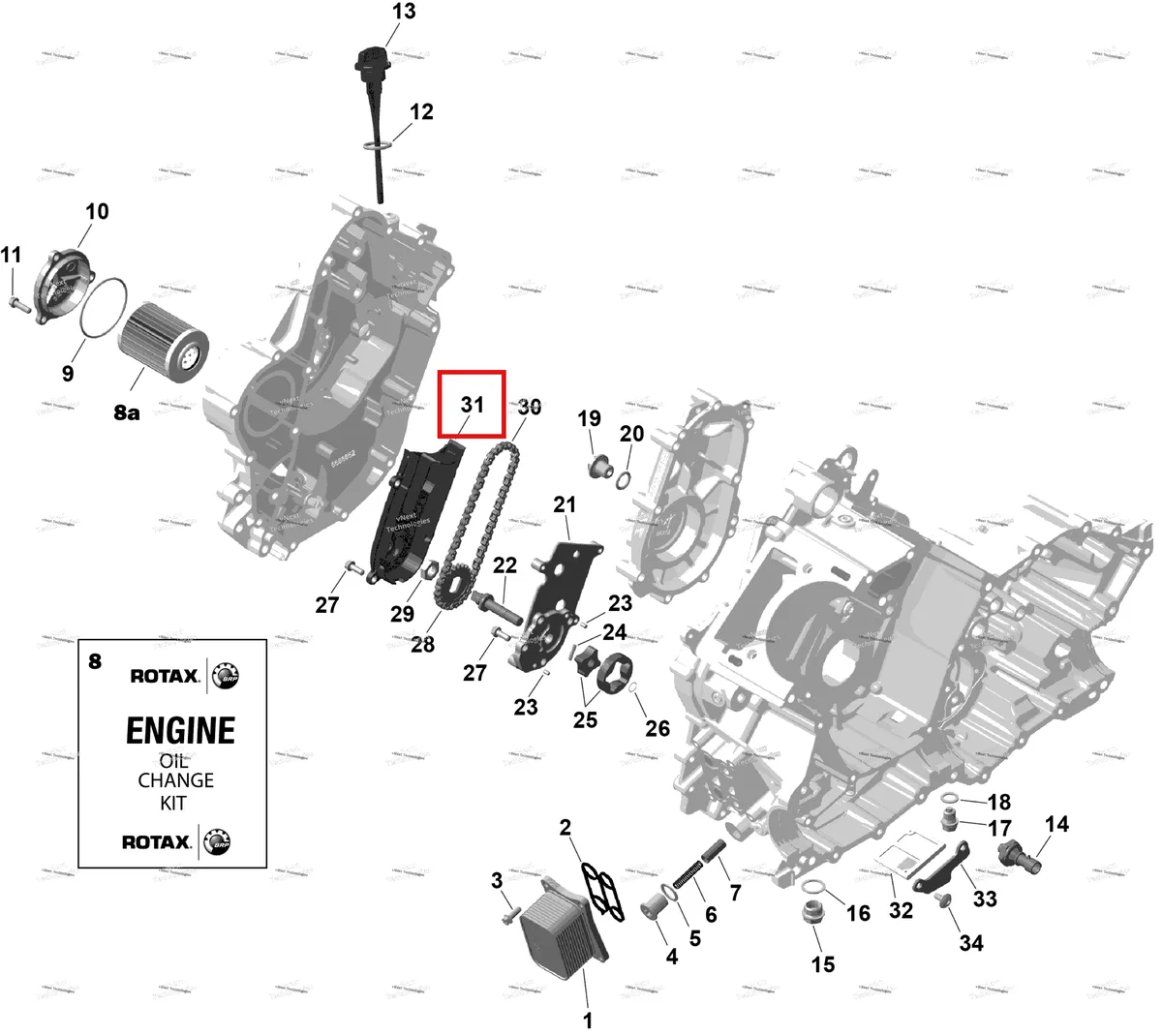 Деталь 420236094 (Направляющая цепи Can-Am Outlander 4x4 XT 1000R (2025) (420236094)) на схеме узла 2026 Can-Am OUTLANDER - 4X4 - XT - 1000R - 4FTD - CALI - Fiery Red Metallic Rotax - Engine Lubrication