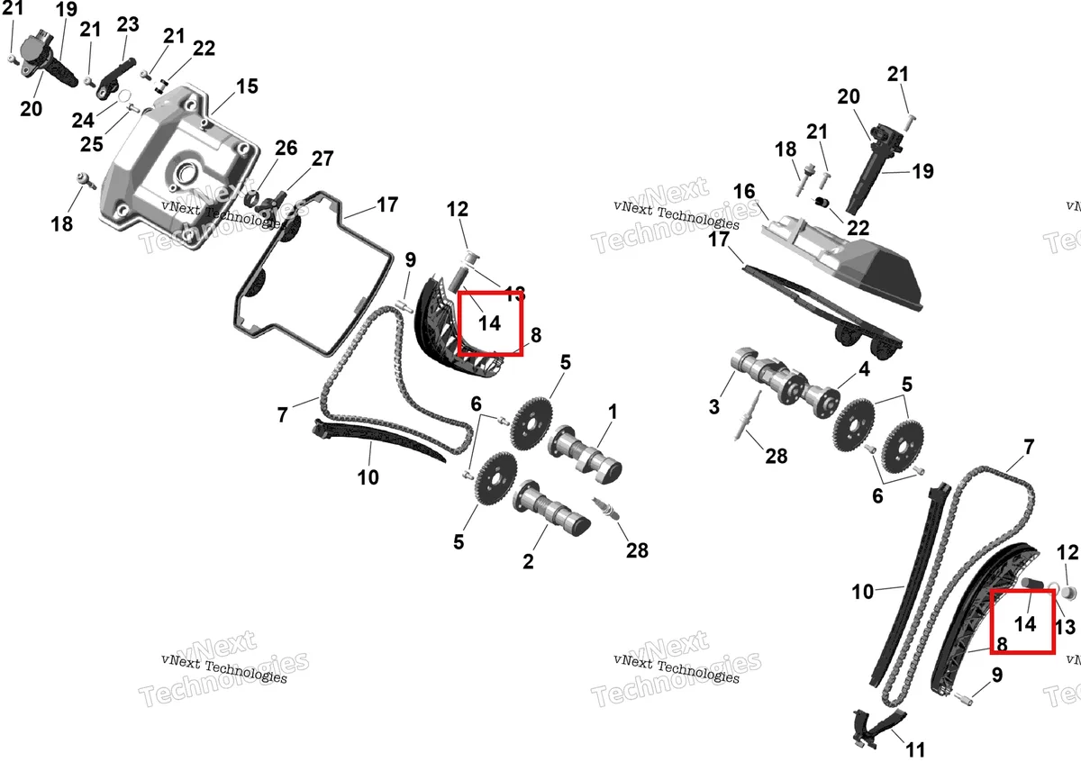 Деталь 420236392 (Натяжитель цепи в сборе Can-Am Outlander 4x4 XT 1000R (2025) (420236392)) на схеме узла 2026 Can-Am OUTLANDER - 4X4 - BACKCOUNTRY - 1000R - 4NTA - CALI - Dark Camo Rotax - Valve Train