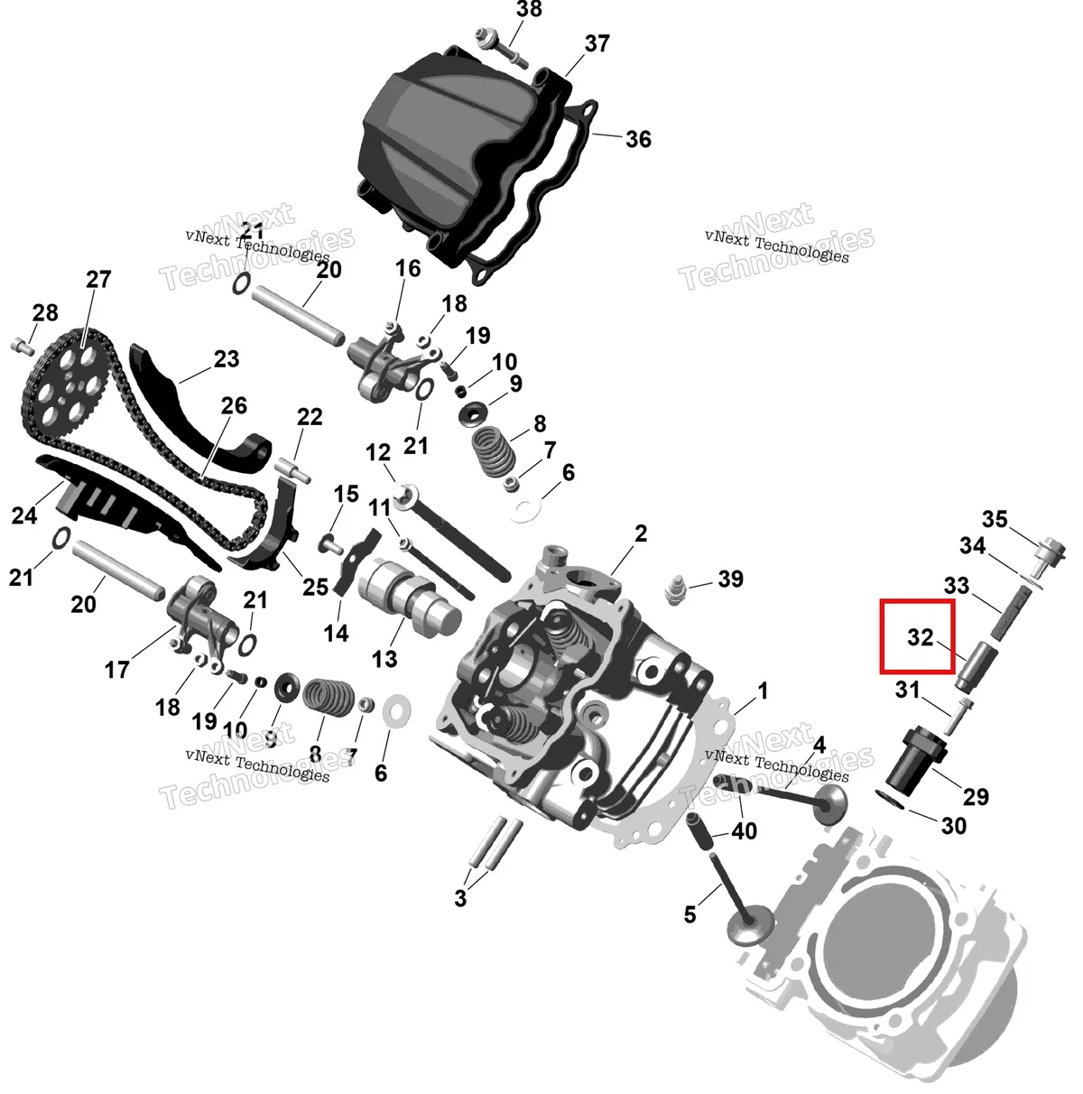 Деталь 420236521 на схеме узла 2026 Can-Am RENEGADE - 4X4 - XMR - 1000R EFI - 5UTA - Hyper Silver Rotax - Front Cylinder Head